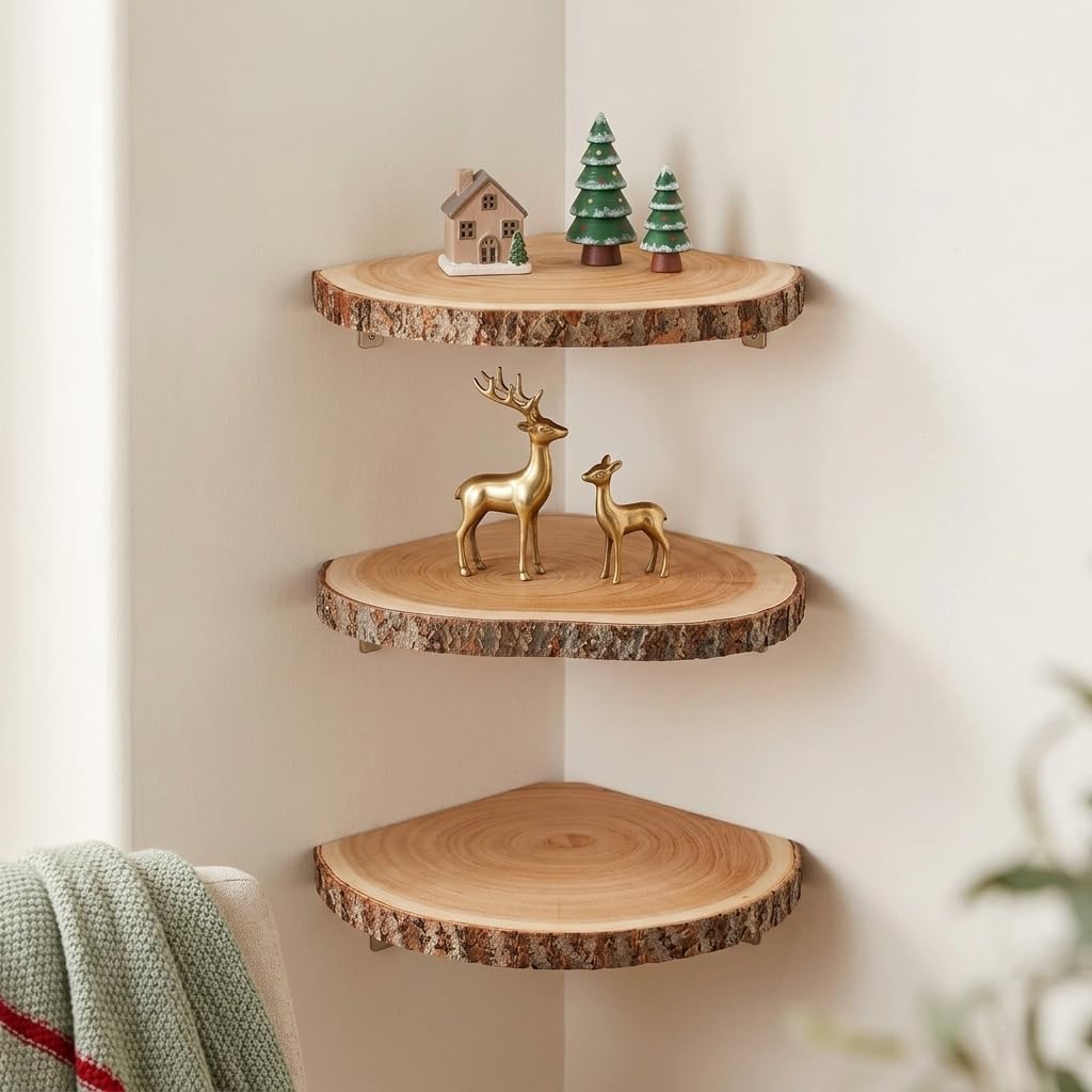 Floating Corner Shelves 3 Piece Wood Wall Mount Display for Rooms