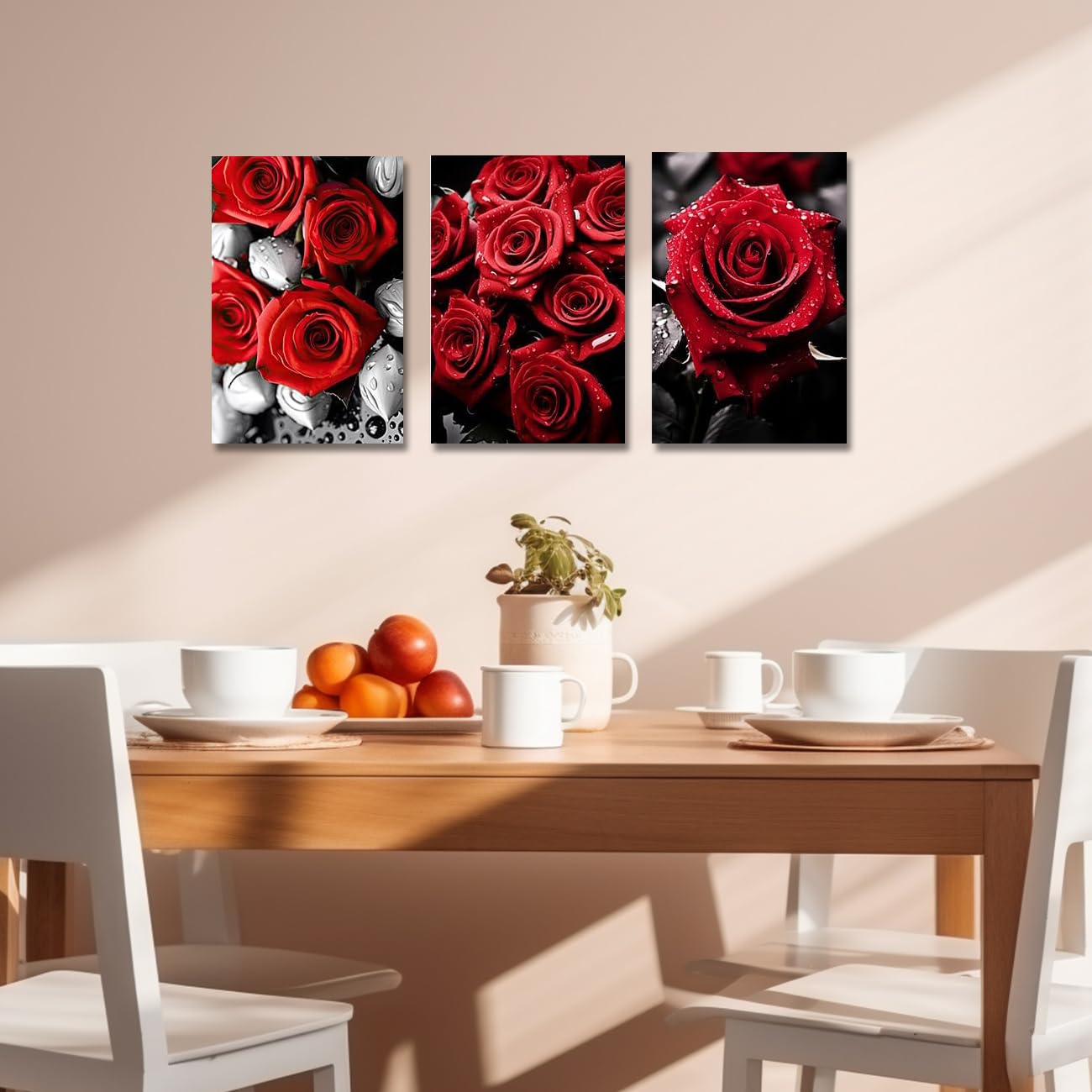 CXHOSTENT Red Rose Canvas Wall Art 3PCS Red Floral Paintings Prints Abstract Rose Flowers Picture for Kitchen Home Decor Frame - Image 3