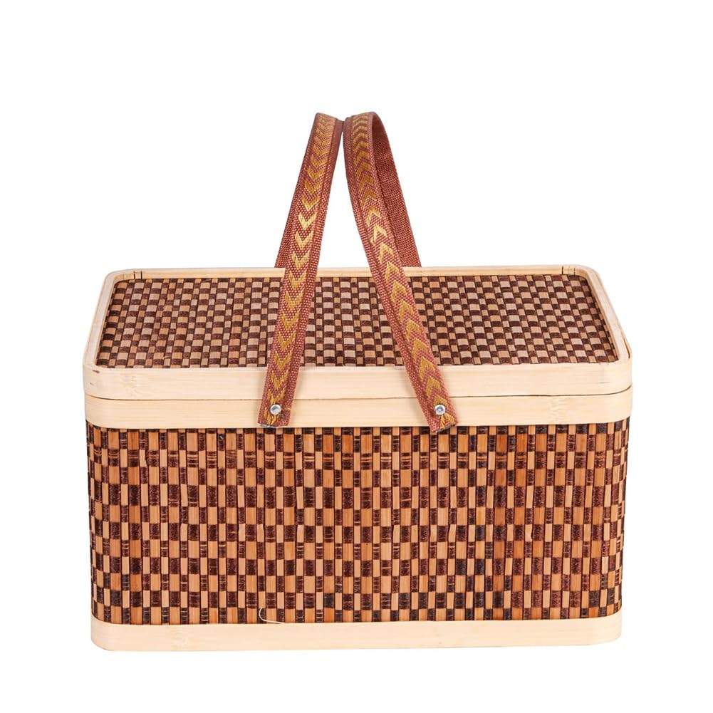 Plookyoe New Basket Natural -Friendly Woven Basket Picnic Basket with Lid Handheld Snacks Bread Storage Basket