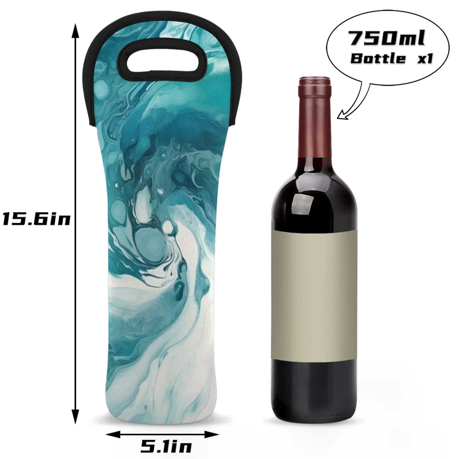 Neoprene Wine Tote Carrier Bag for Wine,Water, Champagne, Beer, Baby Bottles 15.6 x 5.1 Inches, Protective Wine Bag,Green Marble Watercolor