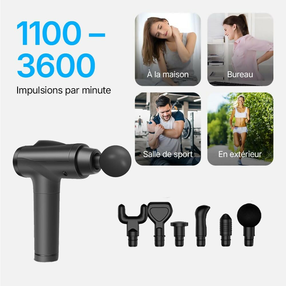 Pistolet de massage professionnel V1 - Technologie Deep Tissue, 3 600 impulsions par minute, 12 niveaux réglables et 6 têtes de massage professionnelles pour un soulagement total des muscles