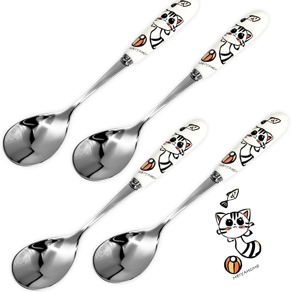 14cm Mixing Spoon Quality With Style,Small Spoons For Coffee, Stirring & Everyday Use Adorable Cat - Themed Design On The White Ceramic Handle (SUS304)18-10 Stainless Steel Material (4)