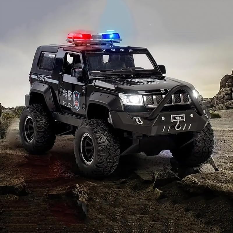 Image of Kids Model 1:32 Police Jeep Die Cast Metal Car Pull Back Action Opening Doors with Realistic Engine Sound Lights Toy Car Gift for Boys - Multi