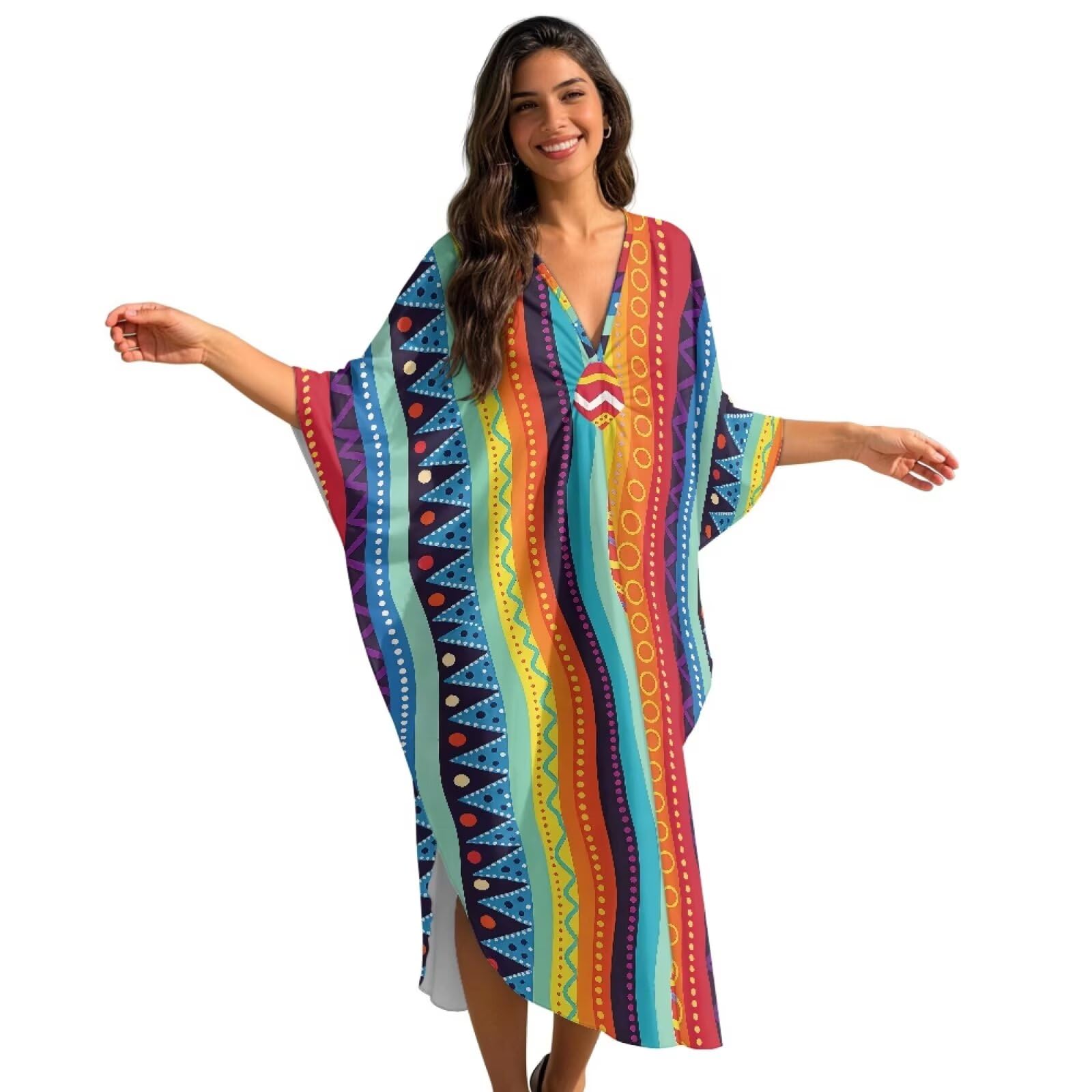 Kaftano da donna, taglie forti, copricostume estivo con maniche a pipistrello, scollo a V, maxi abito da spiaggia
