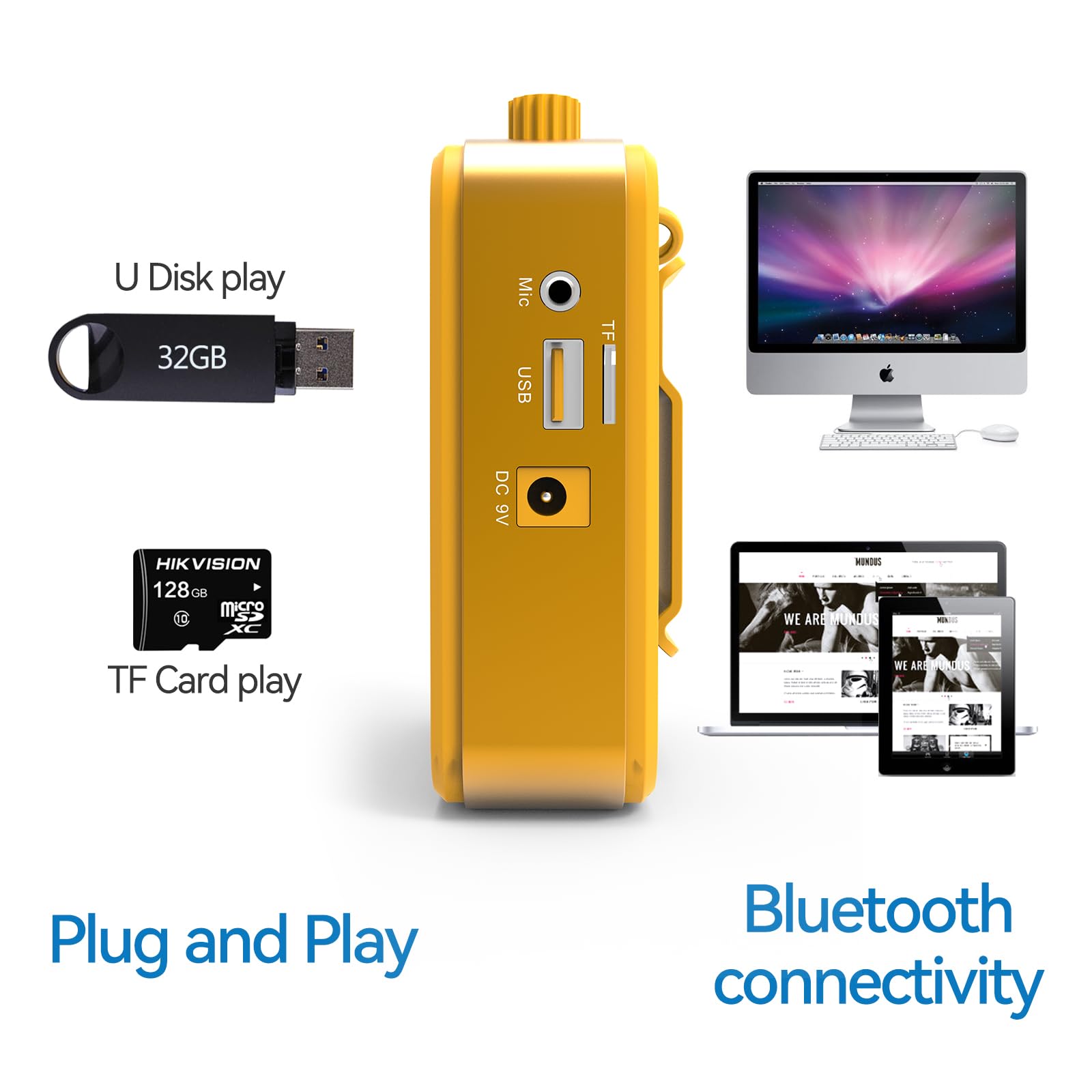 Amplificador de Voz Portátil con Micrófono Inalámbrico UHF, Batería de 2800mAh, ReproductorTF/USB, Radio FM y Grabador para Profesores, Tours y Eventos(Amarillo)