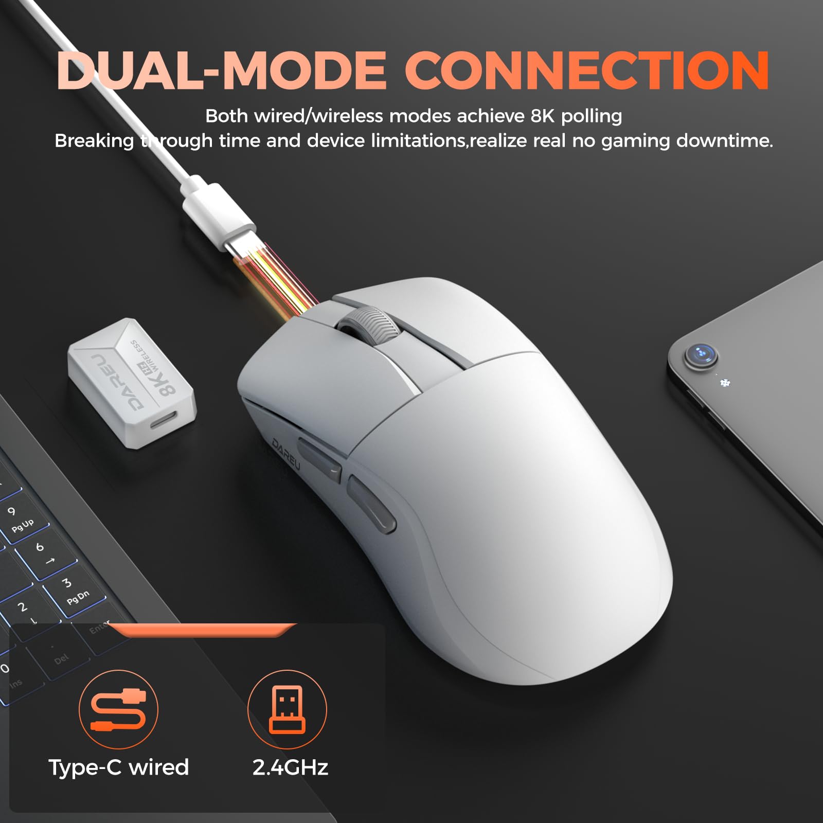 DAREU A950 Wing Ratón inalámbrico Gaming Ultraligero para Juegos, Doble tasa de sondeo de 8K, Sensor óptico AIM-750U, 30K dpi, 100 Millones de clics, simétrico, 5 Botones programables, duración de la