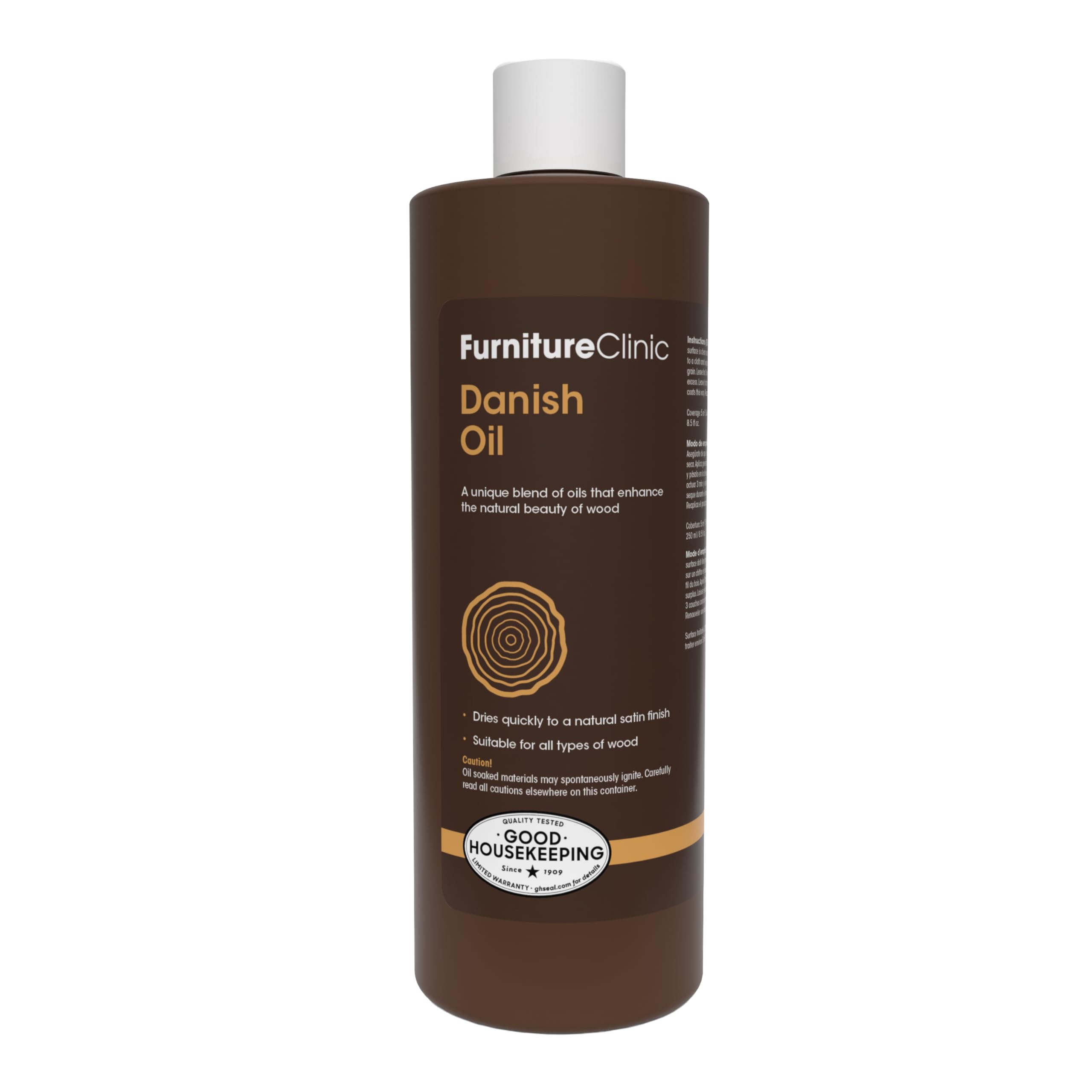 Furniture Clinic Danish Oil | Wood Care for Interior & Exterior Furniture | Restore, Seal & Protect Oak, Pine, Teak & More | Non-Toxic Natural Satin Finish | Repels Water, Stains, Dirt | 17oz/500ml