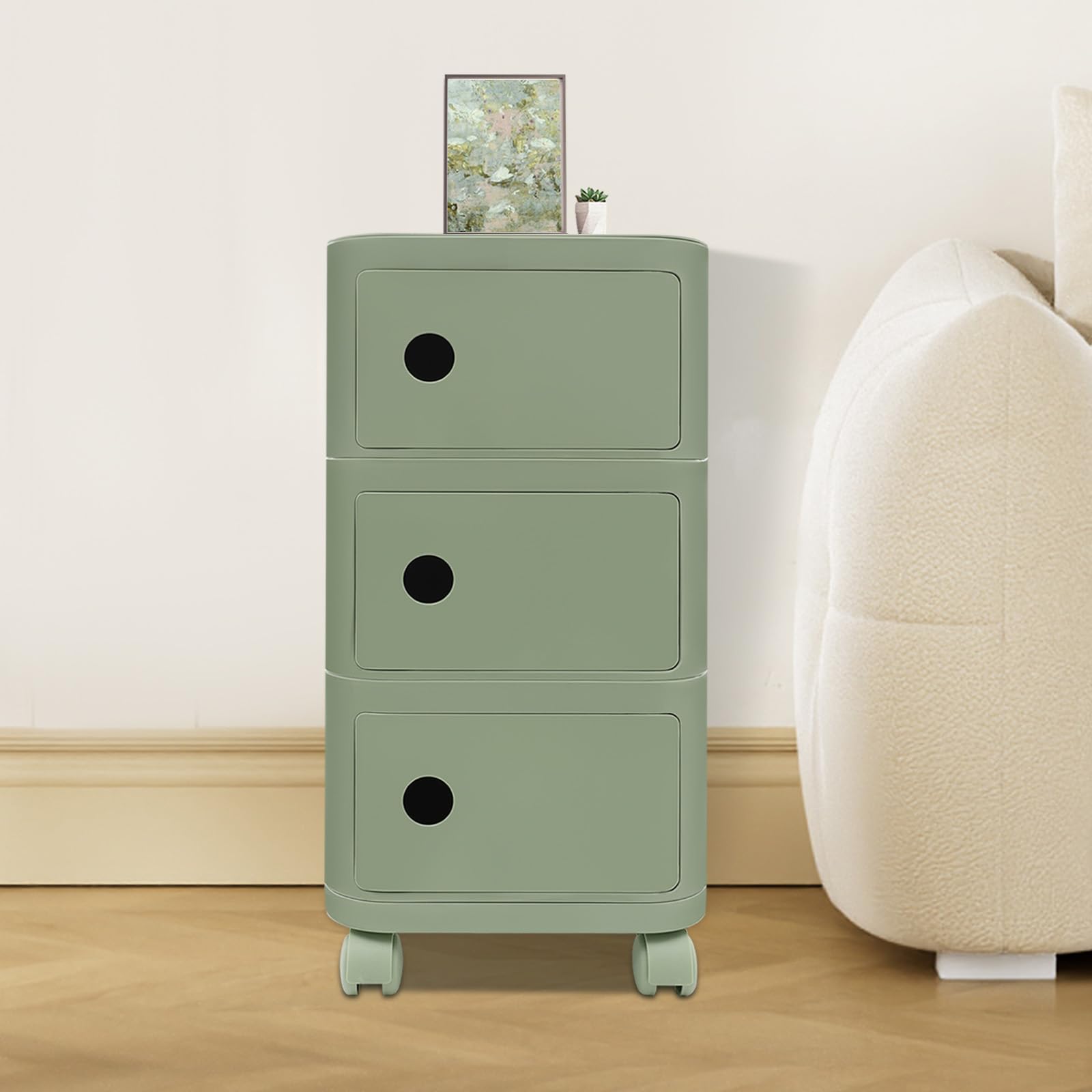 Table de chevet verte à trois niveaux, tiroir avec roulettes, chariot de bureau mobile, 32 × 32 × 63,3 cm, convient pour chambre à coucher, salon et bureau