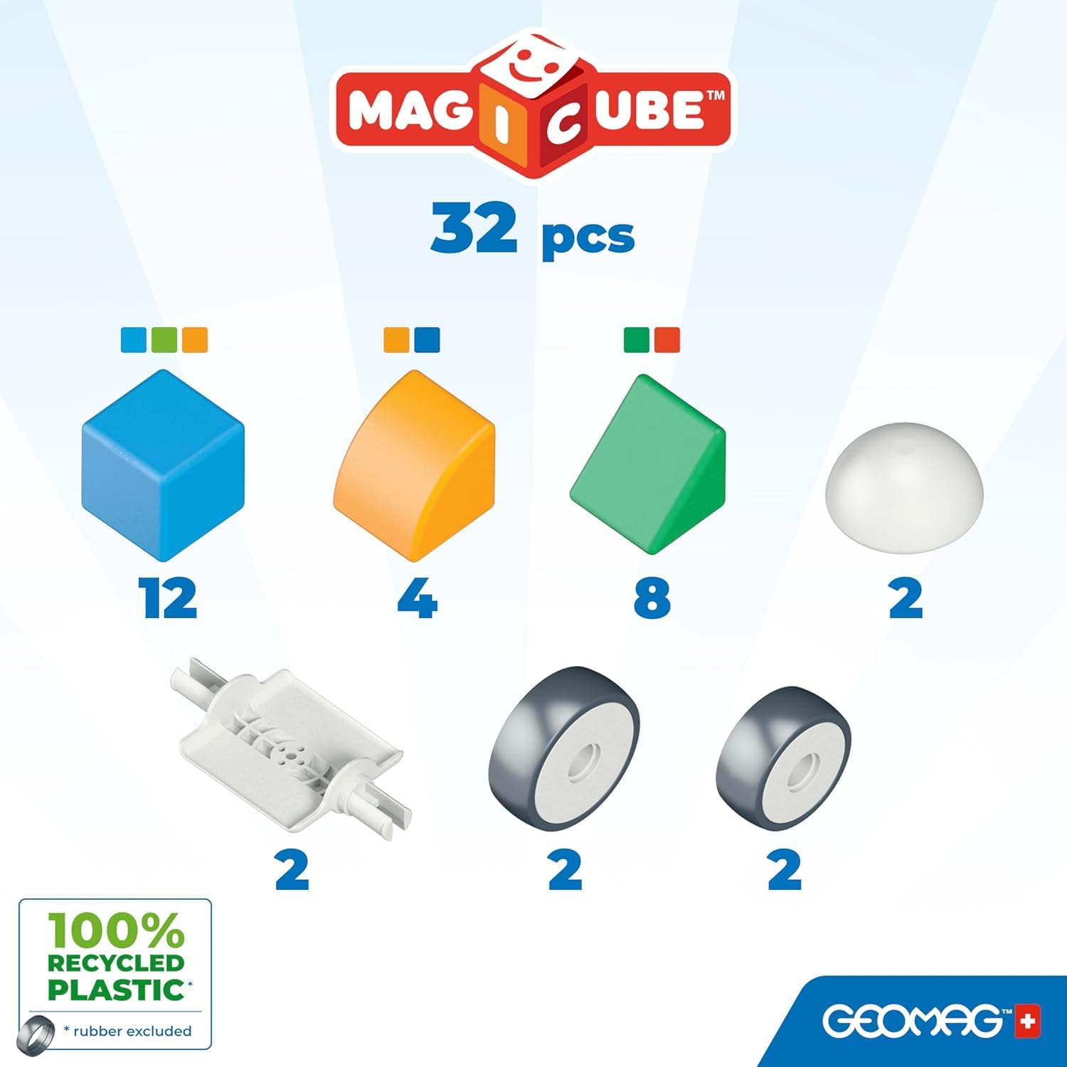 Geomag - Magicube 1+ Shapes - Magiczne Kostki Magnetyczne dla Dzieci, 4 Kolory i Kształty, 32 Bloki, Gra Edukacyjna, 100% Plastiku z Recyklingu