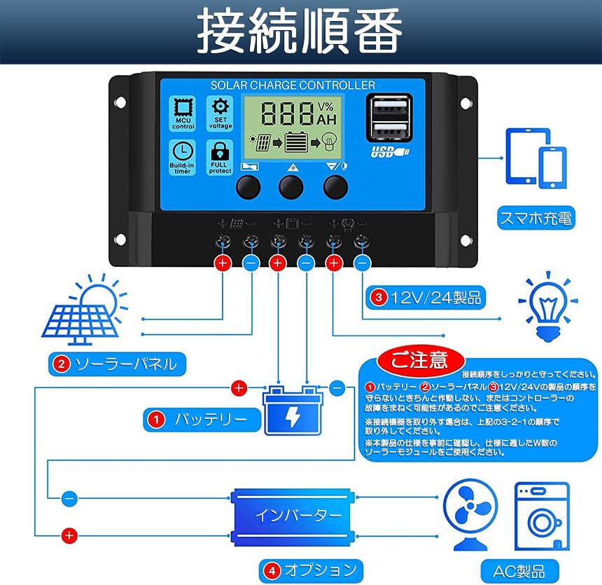 Amazon | ソーラーチャージ コントローラー 20A 30A 12V 24V 鉛蓄電池