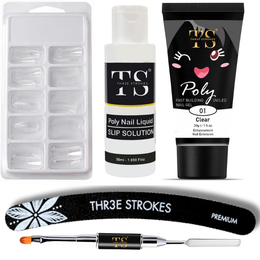 THR3E STROKES Poly Gel Nail Kit-30ML Clear Poly Extension Gel Nail Starter kit, Poly Nail Gel With Slip Solution Nail form Nail Brush,Nail Strengthen Nail Gel Kit DIY for Beginners(NEW)-image-19