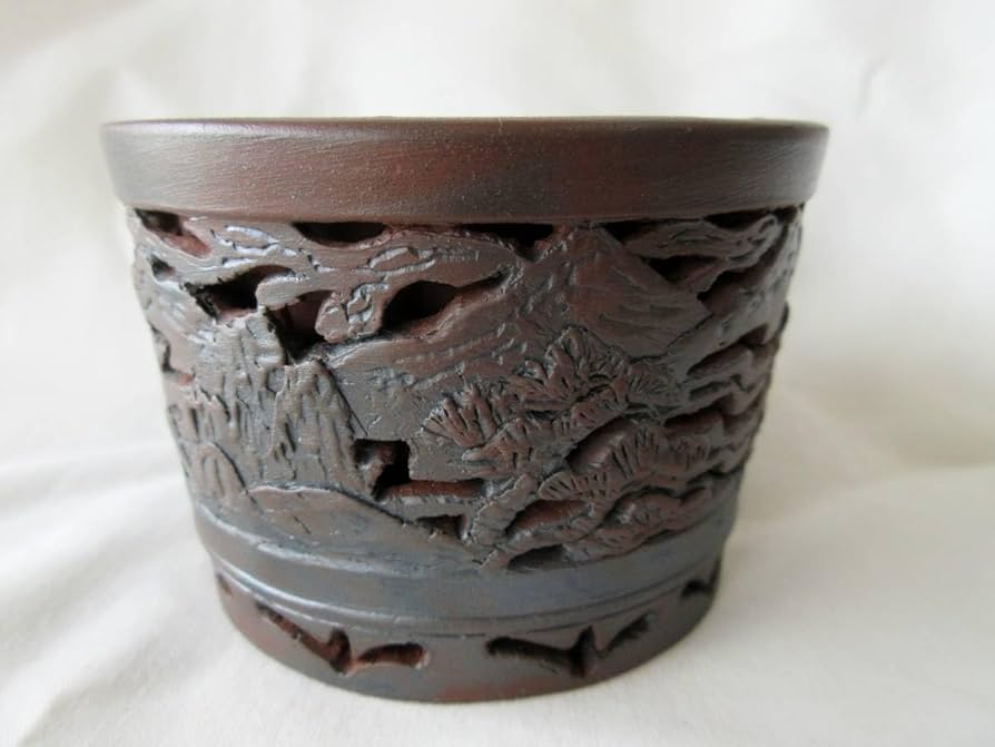 Amazon.co.jp: 朱乃竹庵泥珠 細工鉢 盆栽鉢 松山城浮彫丸鉢 外寸