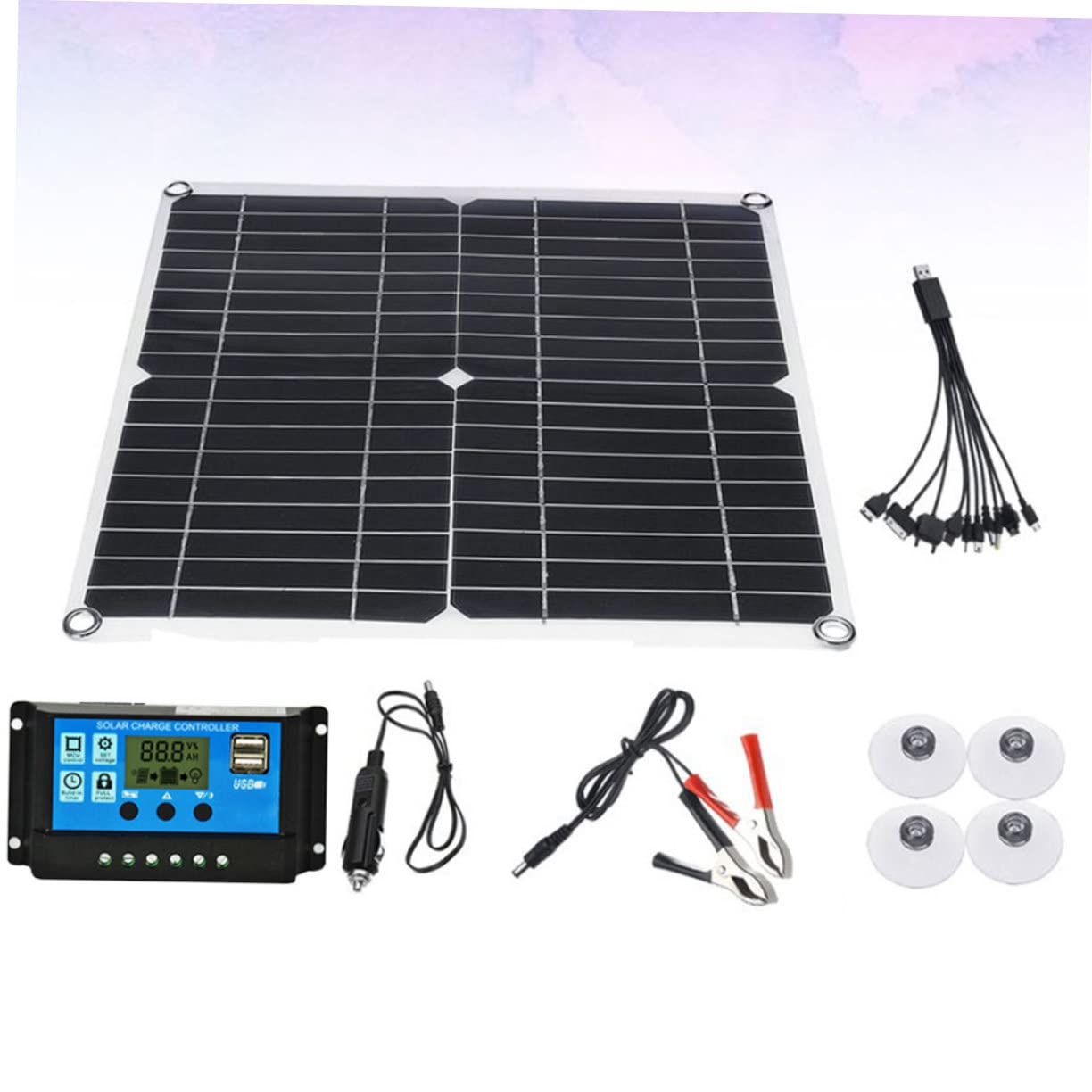 Pannello Solare da 20w in Silicio Cristallino con Controller 20a | Set da 1 Pezzo, Nero, Eva e Pet, per Outdoor e Campeggio, 2 Moschettoni Inclusi