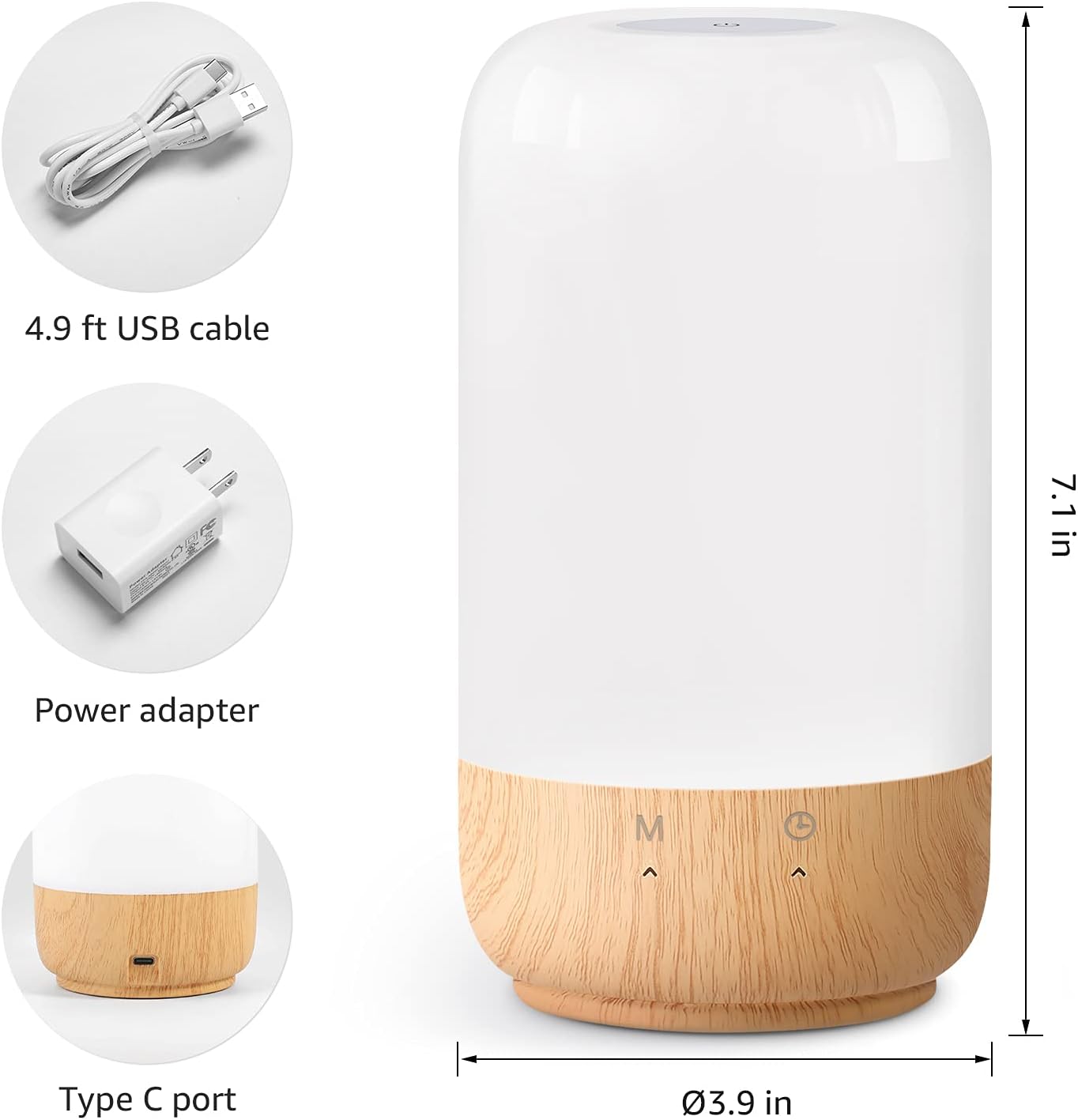 Diagram showing Lepro Smart Table Lamp, USB cable, and power adapter with dimensions