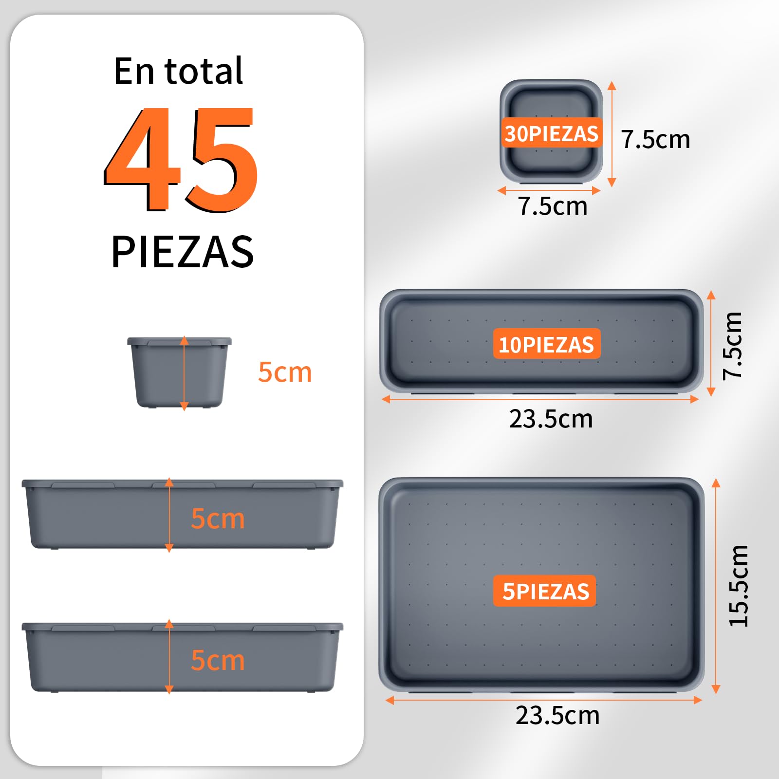 45 Piezas Organizador Cajones Baño 3 Tamaños, Caja Organizadora Separadores de Plastico para Baño, Maquillaje, Cocina, Oficina, Escritorio, Cajitas Cajas Gavetas Organizadoras Cajones, Gris