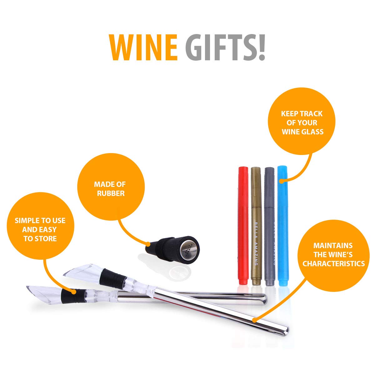 Bella Wine Chillers - Set of 2 Stainless Steel Wine Chiller Stick, 4 Wine Markers and Wine Stopper. Iceless Wine Chiller Rod with Aerator and Pourer. Perfect For Wine Lovers and Enthusiasts
