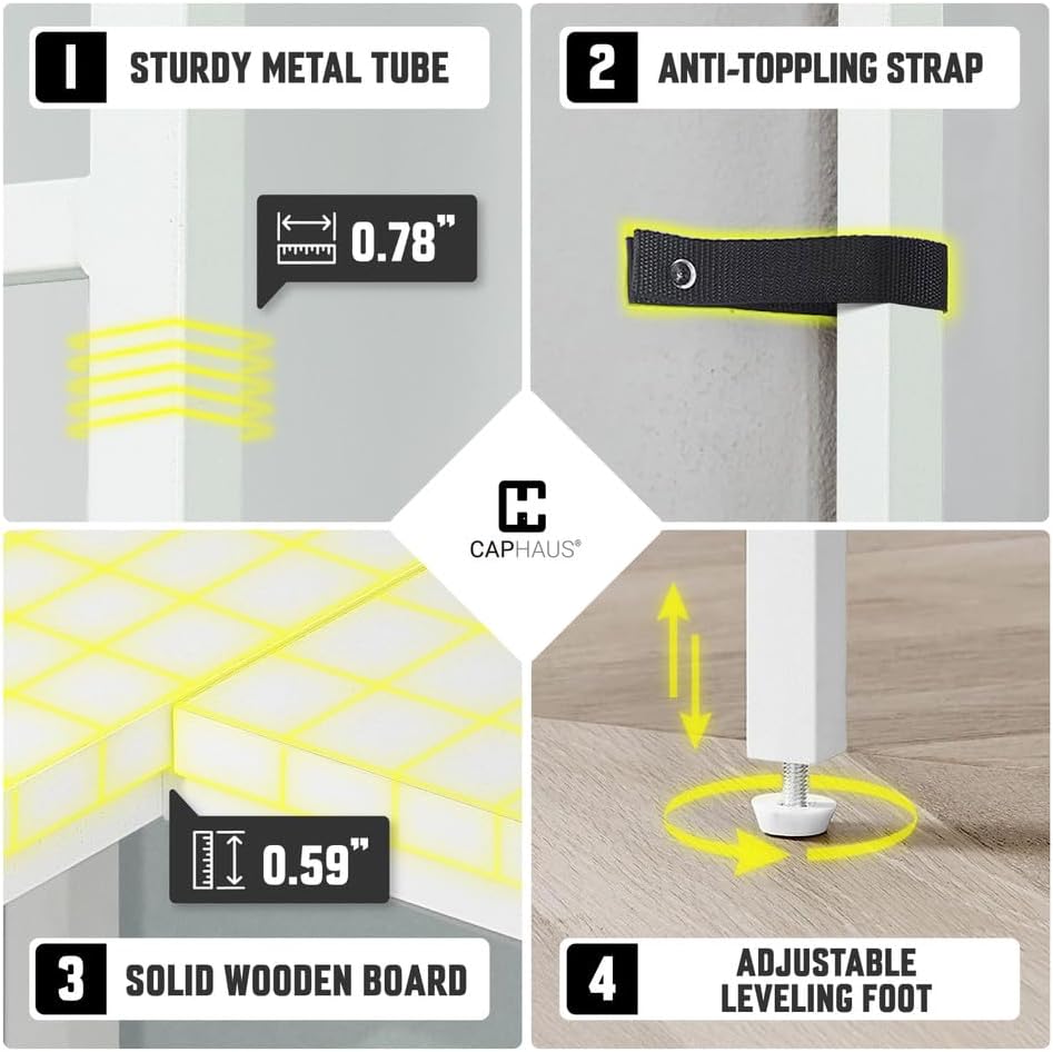 Detailed image showing the sturdy metal tube, anti-toppling strap, solid wooden board, and adjustable leveling foot components. This illustration features a white model.