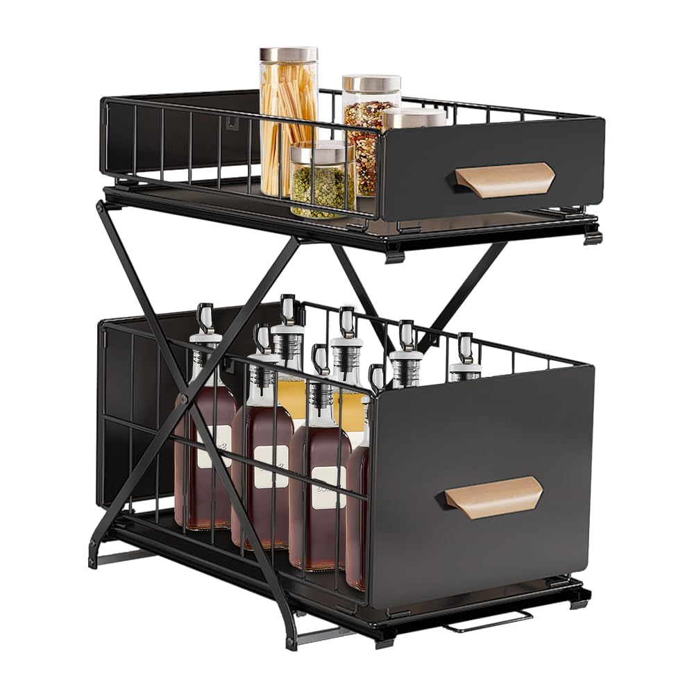 HUOLE Organizador Debajo del Fregadero,con cestas deslizantes extraíbles,para de armarios, encimeras, escritorios, para casa, Oficina, baño, Cocina, Habitaciones,40 * 26 * 43cm-negro-2pc