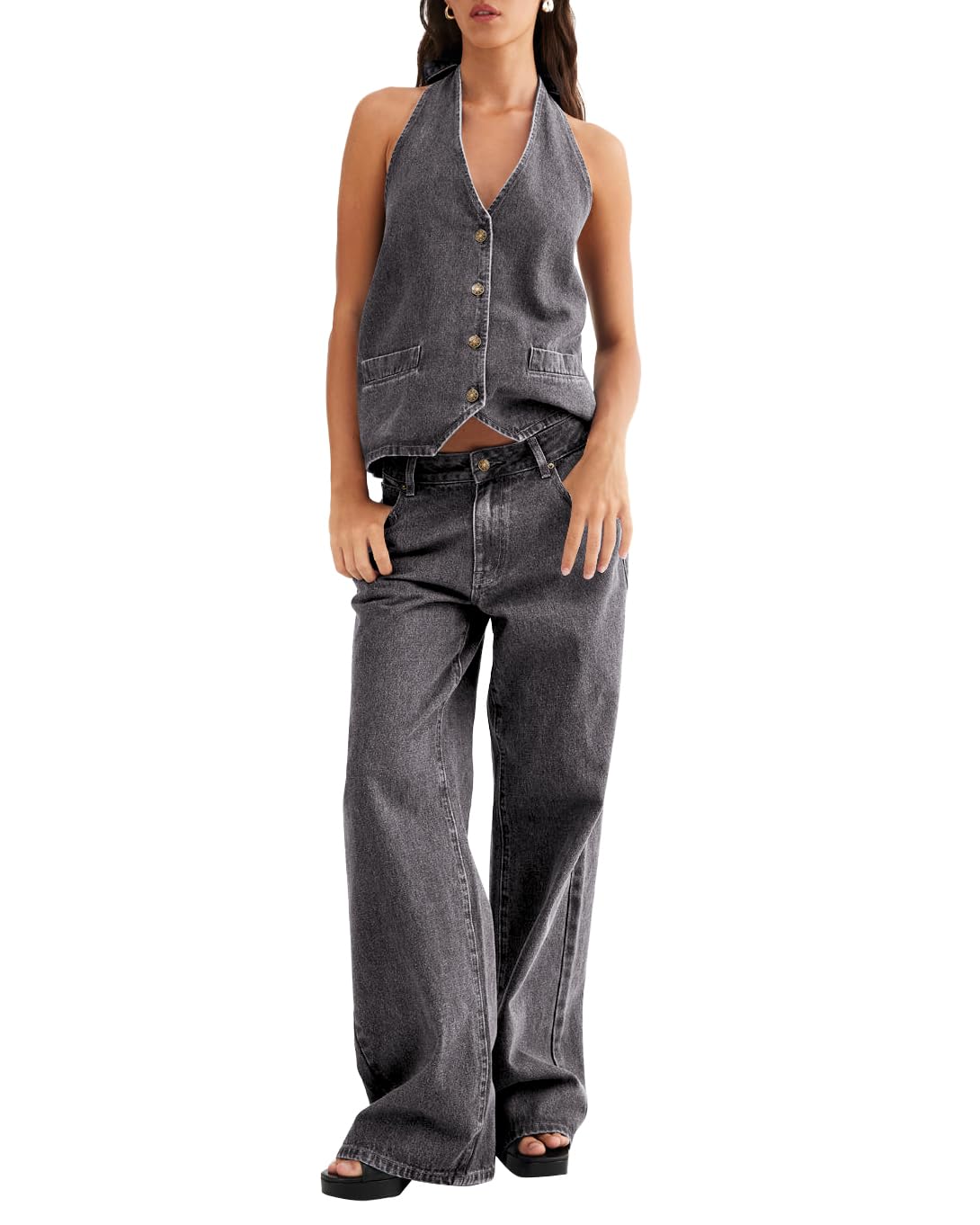 Fisoew Women's Two Piece Denim Set Button Down Backless Tank Top and Wide Leg Jeans 2 Piece Outfit Suits
