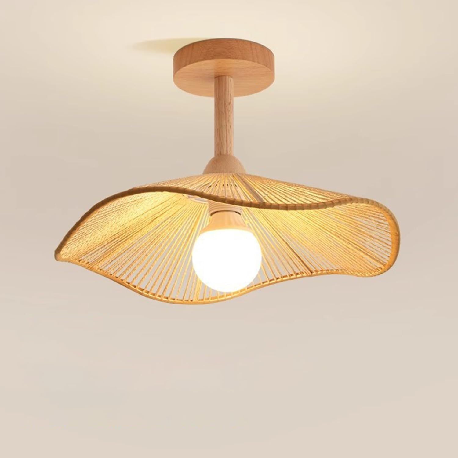DUddTTW Woven Ceiling Light Fixture E27 Ceiling Lamp Chandelier with Hemp Lampshade Semi Flush Mount Lighting Pendant Close to Ceiling Light(Natural wood)