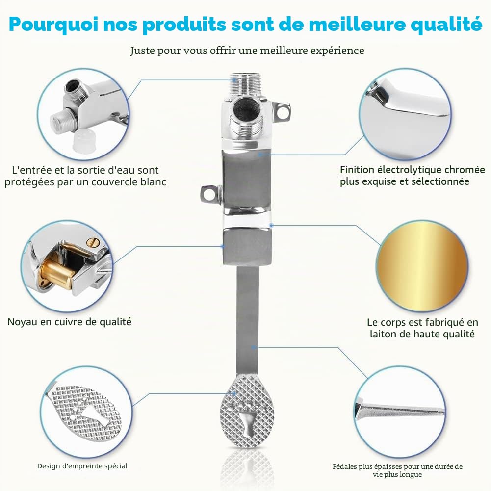 LukLoy Valve à pédale en laiton pour robinets mains libres, eau froide et chaude, finition chromée