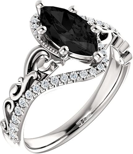 Miniatura 3 de Anillo de compromiso de marquesa de 1 CT de color negro, anillo de ónix negro marquesa de voluta, anillo de diamantes negros marquesa victoriana,