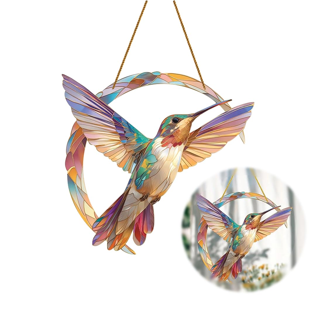 Zayookey Multicolor Hummingbird Sun Catcher Bird Stained Attrape Soleil Animal Suncatcher Window Hanging Decoration for Home Garden Decor Gift