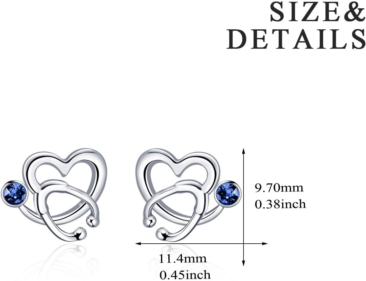 AOBOCO Nurse Earrings 925 Sterling Silver Stethoscope Studs Earrings Simulated 12 Months Birthstone Crystal from Austria, Graduation Jewelry Gifts for Nurse Doctor RN Medical Student