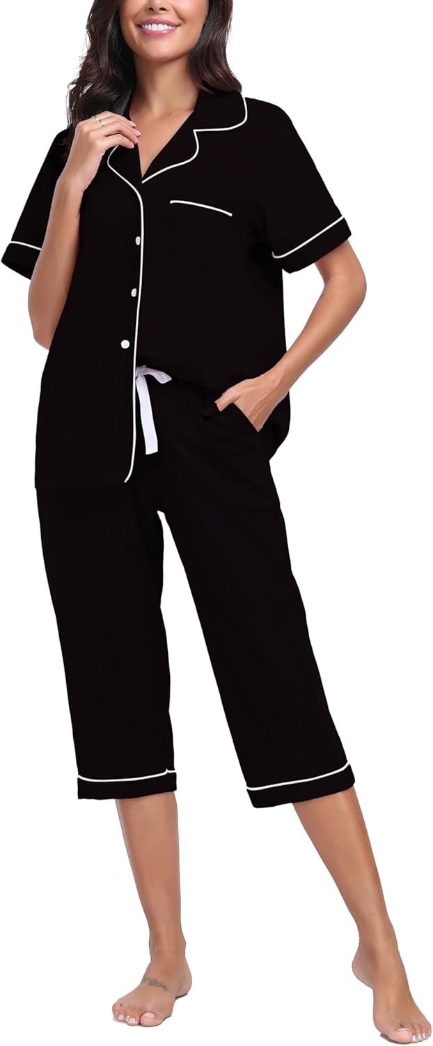 100% Cotton Pajamas for Women Set Short Sleeve Button Down Sleepwear Capri Nightwea...