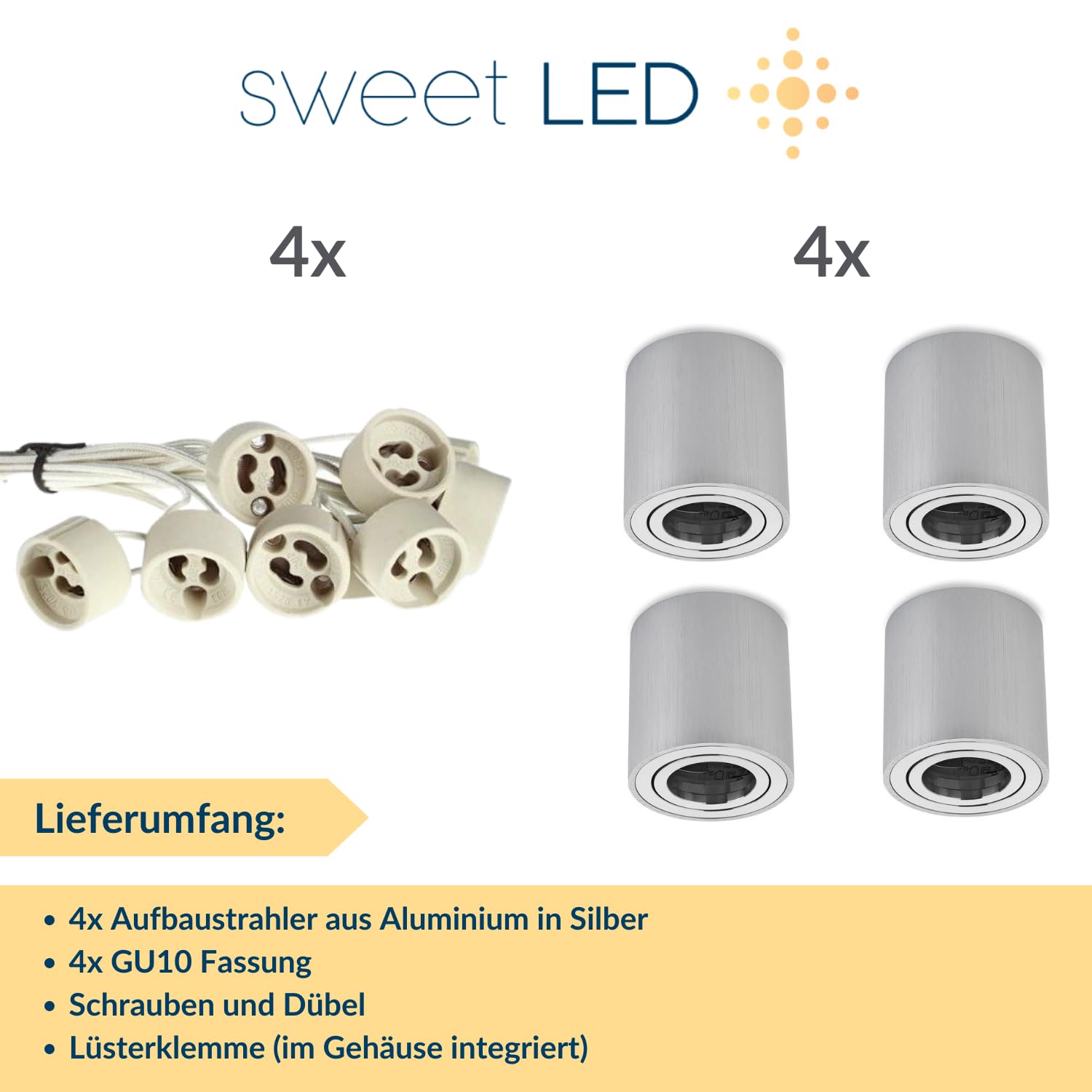 Sweet LED 4x marco de superficie de aluminio - foco de superficie IP20 orientable con casquillo GU10, 230V - focos de superficie redondos - 80x84mm, plateado