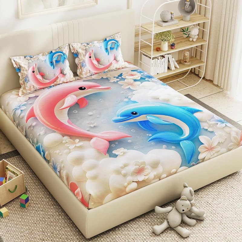 Image of Akshya 7D Digital Printed Glace Cotton Double Bed Sheet with 2 Pillow Covers - 300 TC King Size Bedsheet (90 x 100 inches, Blue Dolphin Cartoon Print