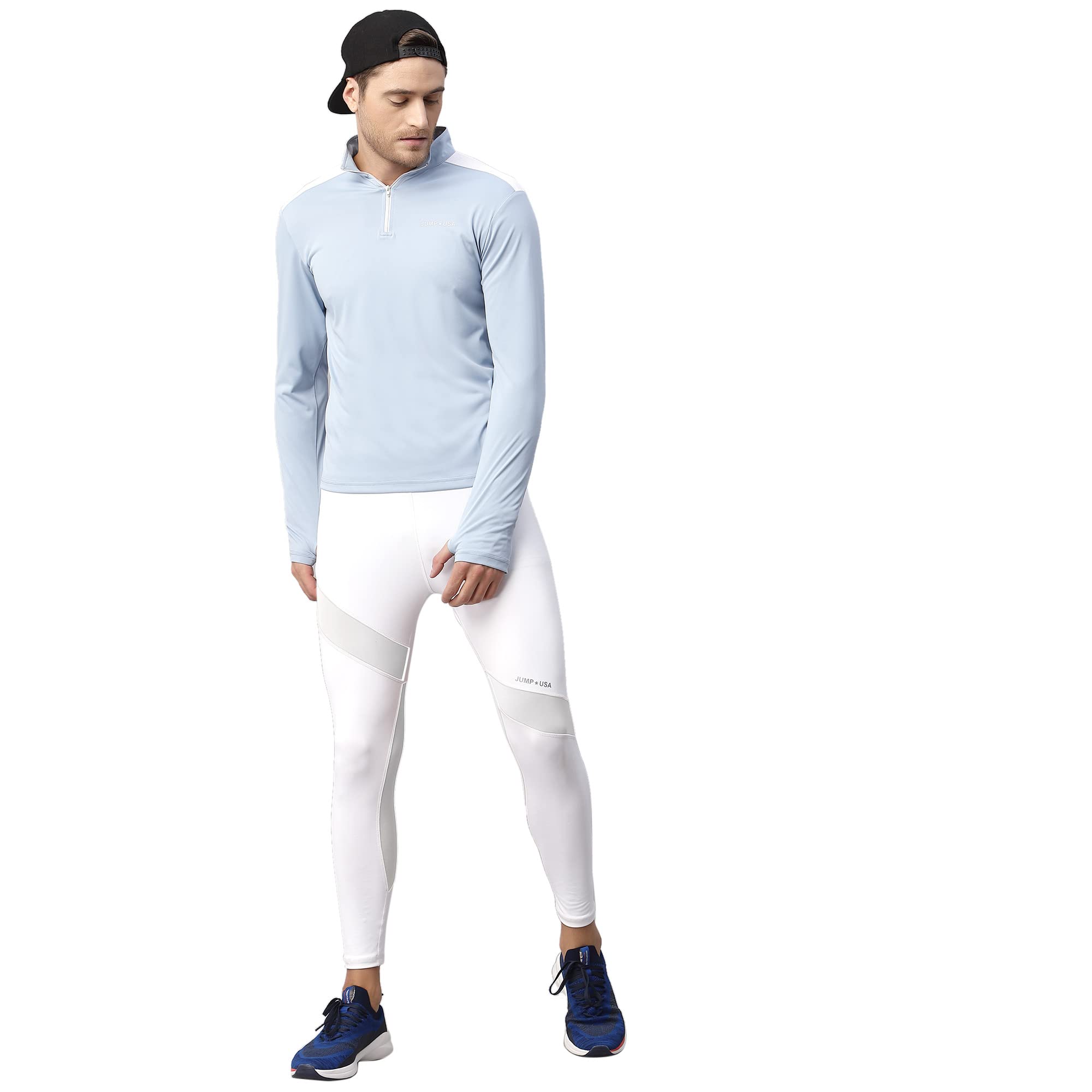 JUMP USA Men's Blue White Solid Yoga Seamless High Neck T Shirt