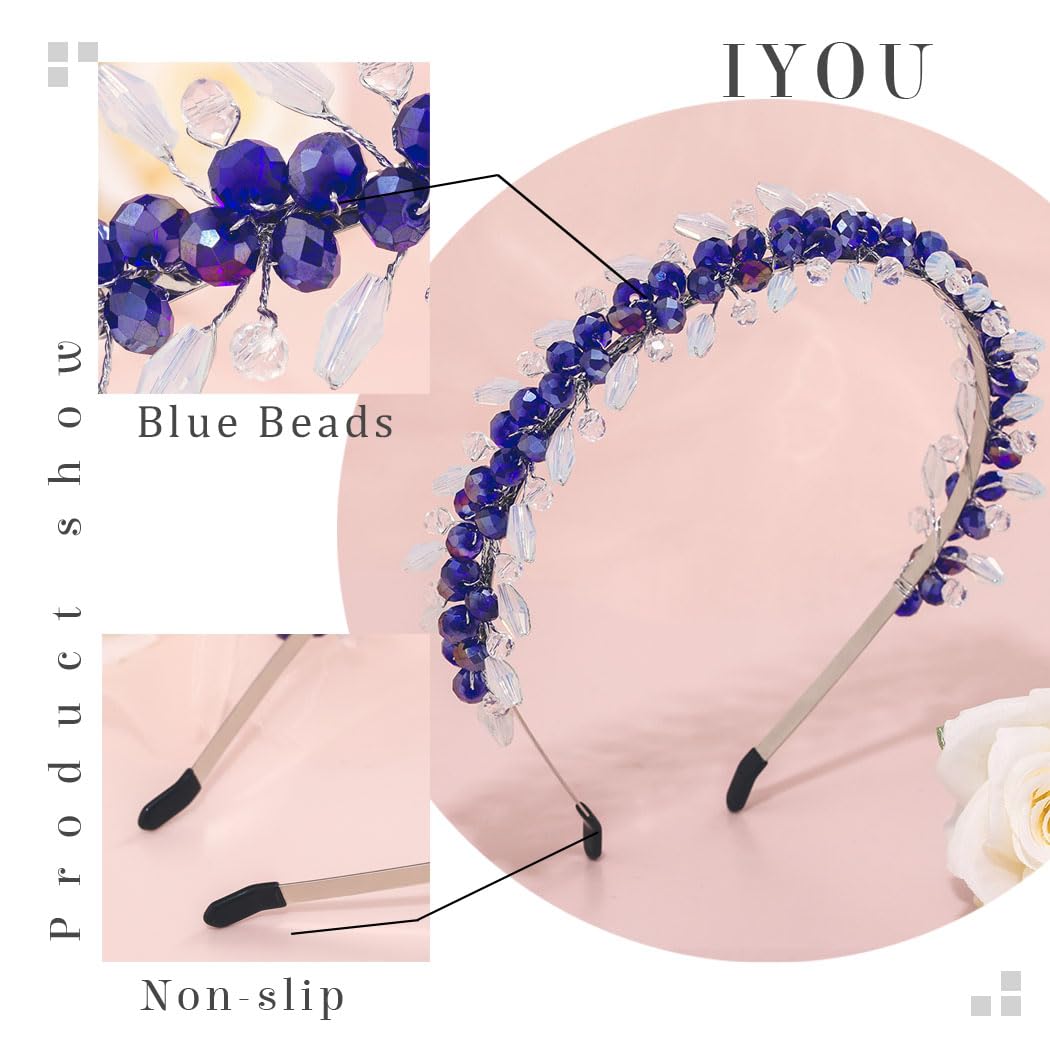 IYOU Bridal Wedding Headbands Blue Crystal Hair Bands Sparkly Rhinesotne Guest Birde Bridesmaid Hair Accessories for Women - Image 2