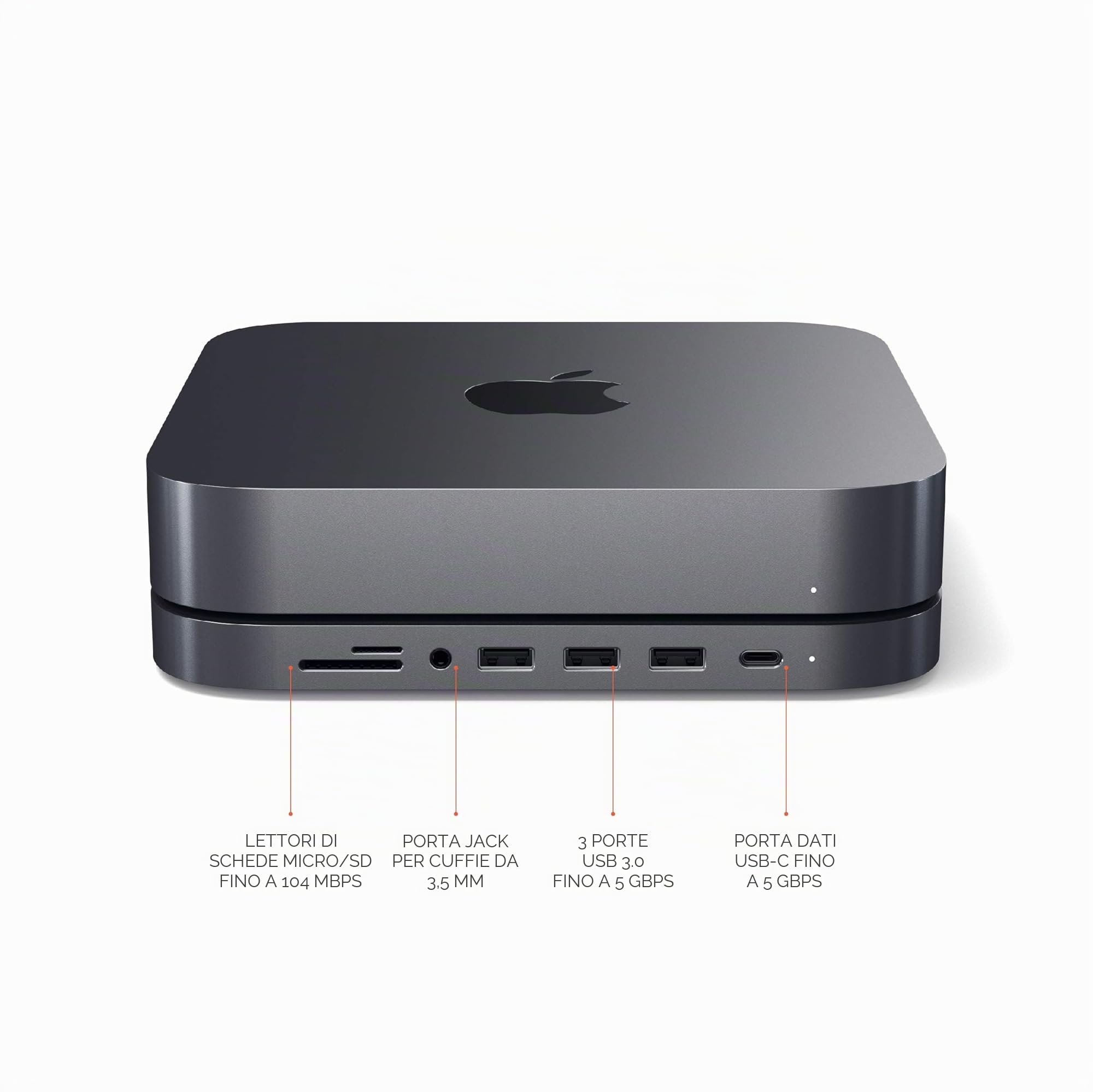 SATECHI Hub USB C e Supporto 7 in 1 per Mac Mini M2/M1 con 3x Porte USB-A e 1x USB-C a 5 Gbps, Lettori Micro/SD, USB 3.0 e Porta Audio 3,5 mm (Non Compatibile con Mac Mini M4) Grigio Siderale