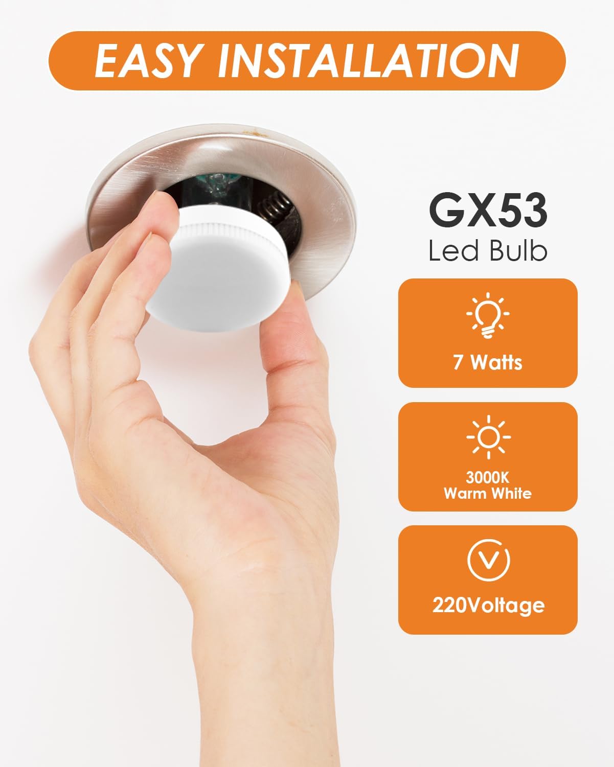 Yuio 4 Pack GX53 LED Bulb, 7W Warm White 3000k Bulbs, Replace 45W and 50W GX53 Halogen or CFL Bulbs, 600LM Non Dimmable - Image 3