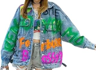 Letter Painted Print Frayed Denim Coat Jean Jacket,One Size