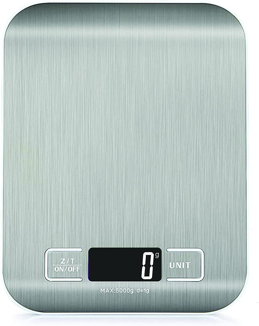 HomeFashion 5kg 1g 11lb Digital Kitchen Scales Food Scale with stainless steel Platform Electronic Cooking Backlit LCD Display Multifunction for Home and Office Use