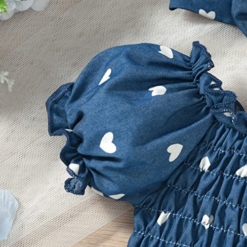 Minifeiko 2T-3T Toddler Baby Girls Clothes Cute Heart Print Summer Outfit Short Sleeve Ruffle Tunic Tops + Long Pants 2Pcs Pants Sets Blue #TOP6