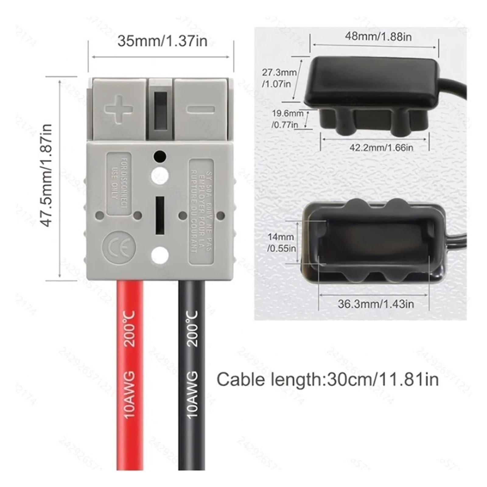 1 x złącze do szybkiego łączenia/odłączania akumulatora 50 A z nasadkami przeciwpyłowymi, 1 do 2 wtyczka Anderson podwójny adapter Y, kabel rozdzielacza 10AWG (szare z gumowymi nasadkami)