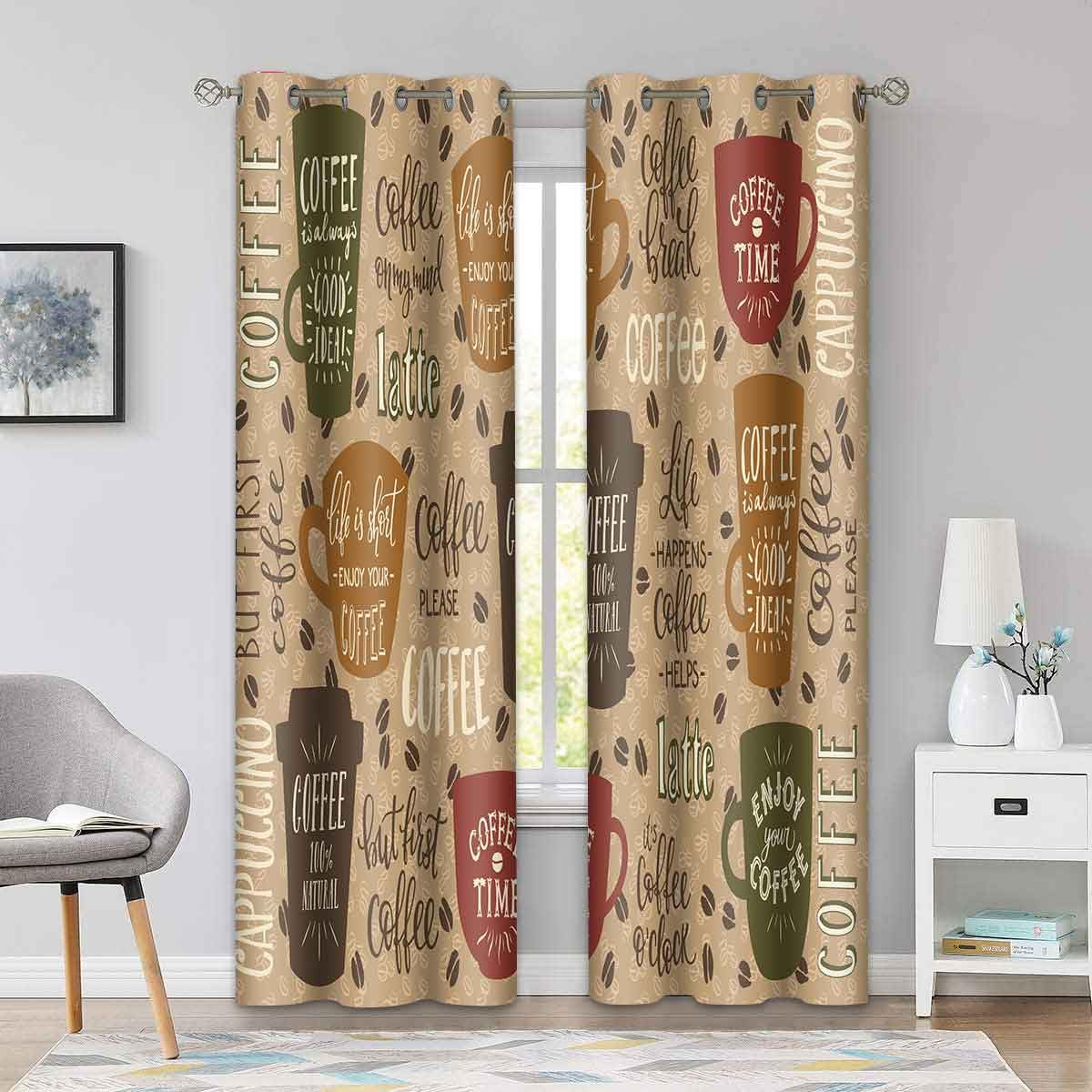 BSPPTI Coffee Theme Print Curtains for Bedroom Living Room Kitchen, Room Darkening Thermal Insulated Blackout Window Drapes 2 Panels, 42