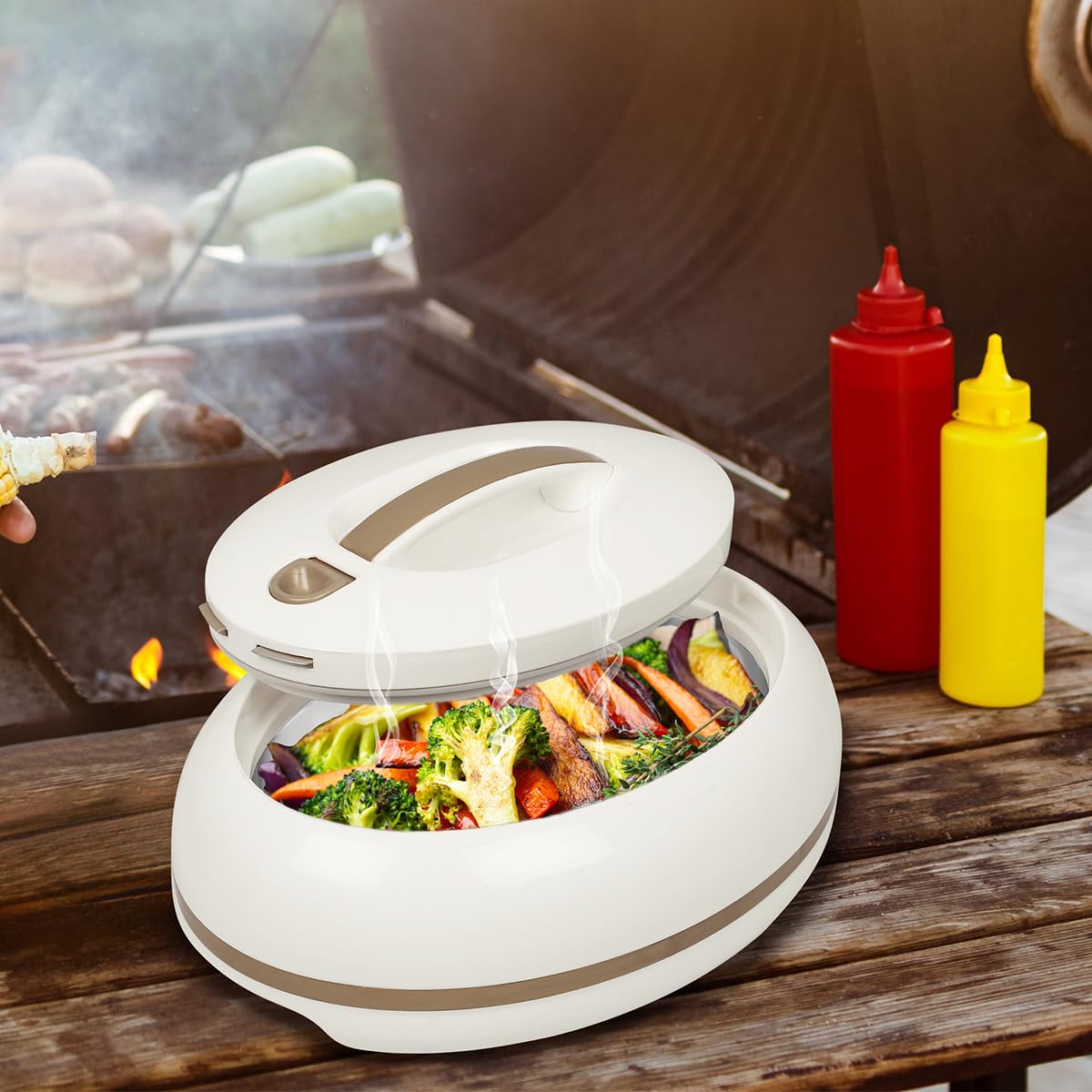 Elegante casseruola ovale isolata grande – coperchio aperto con una sola mano – 0,9 l – scaldavivande di lusso – ciotola termica per buffet/feste – contenitore per alimenti caldi in acciaio inox