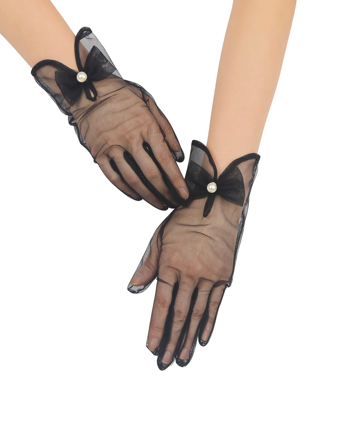 GRYUIRY Women Bow Tulle Gloves with Pearls Short Mesh Tea Party Gloves Wedding Bridal Prom Formal Accessories