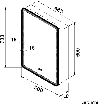 ELEGANT 500x700mm LED Bathroom Mirror Cabinet With Shaver Socket - Wall Mounted With Touch Button 3 Colour Light and Demister - Stainless Steel Black [Energy Class D]
