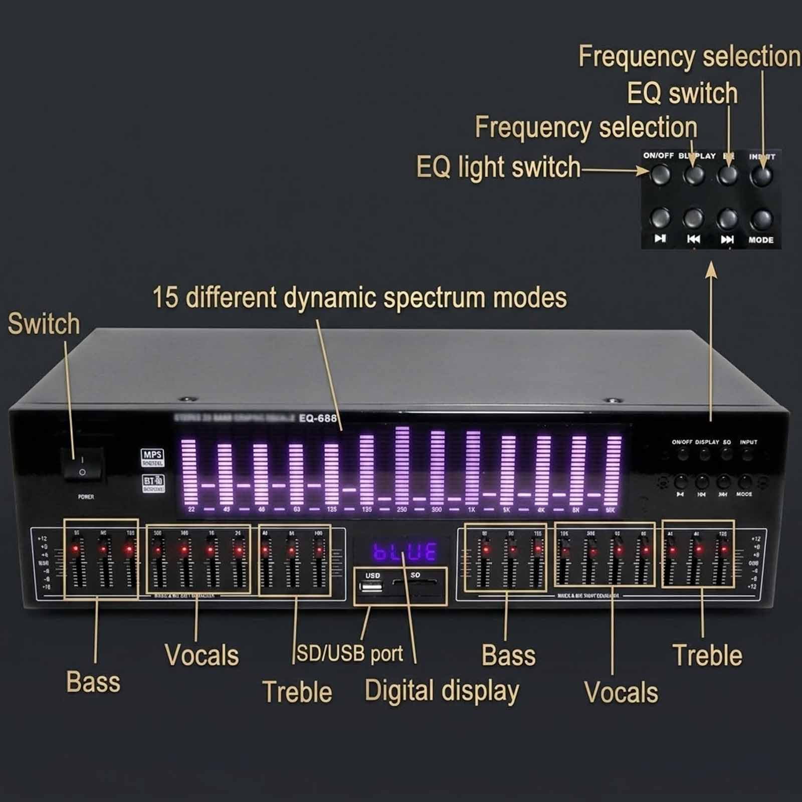 MObyat Ecualizador Digital De 20 Bandas, Ecualizador Gráfico Hi-fi con Control Remoto, Pantalla Led De Espectro, 15 Estilos Dinámicos, para Estudio, Audio Doméstico, Estudio De Grabación.