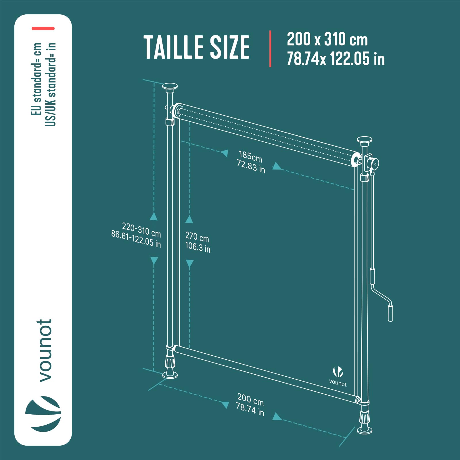 VOUNOT® Toldo Vertical Exterior 200x310cm Toldo Vertical con Manivela sin Agujeros Estores de Protección Visual y Solar Ajustable Pantalla de Privacidad Enrollable para Balcón Terraza Jardín Antracita