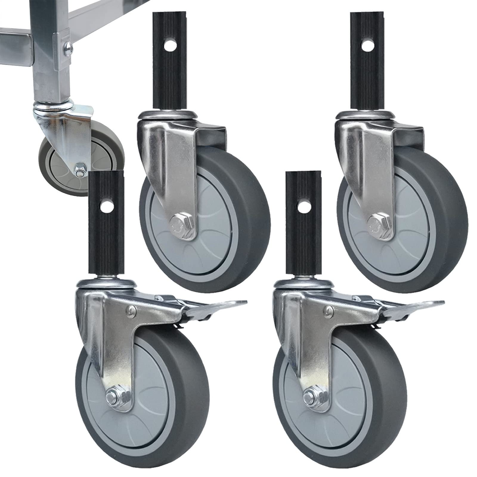 LIGUOYI Set da 4 Ruote Girevoli per Carrello Inox - M12 Steli con 23mm Manicotto Quadrate - Ricambio A Rotelle per Carrello da Cucina, Ø 100 Mm Ruote Gomma Termoplastica 2 con Freni 2 Senza Freni