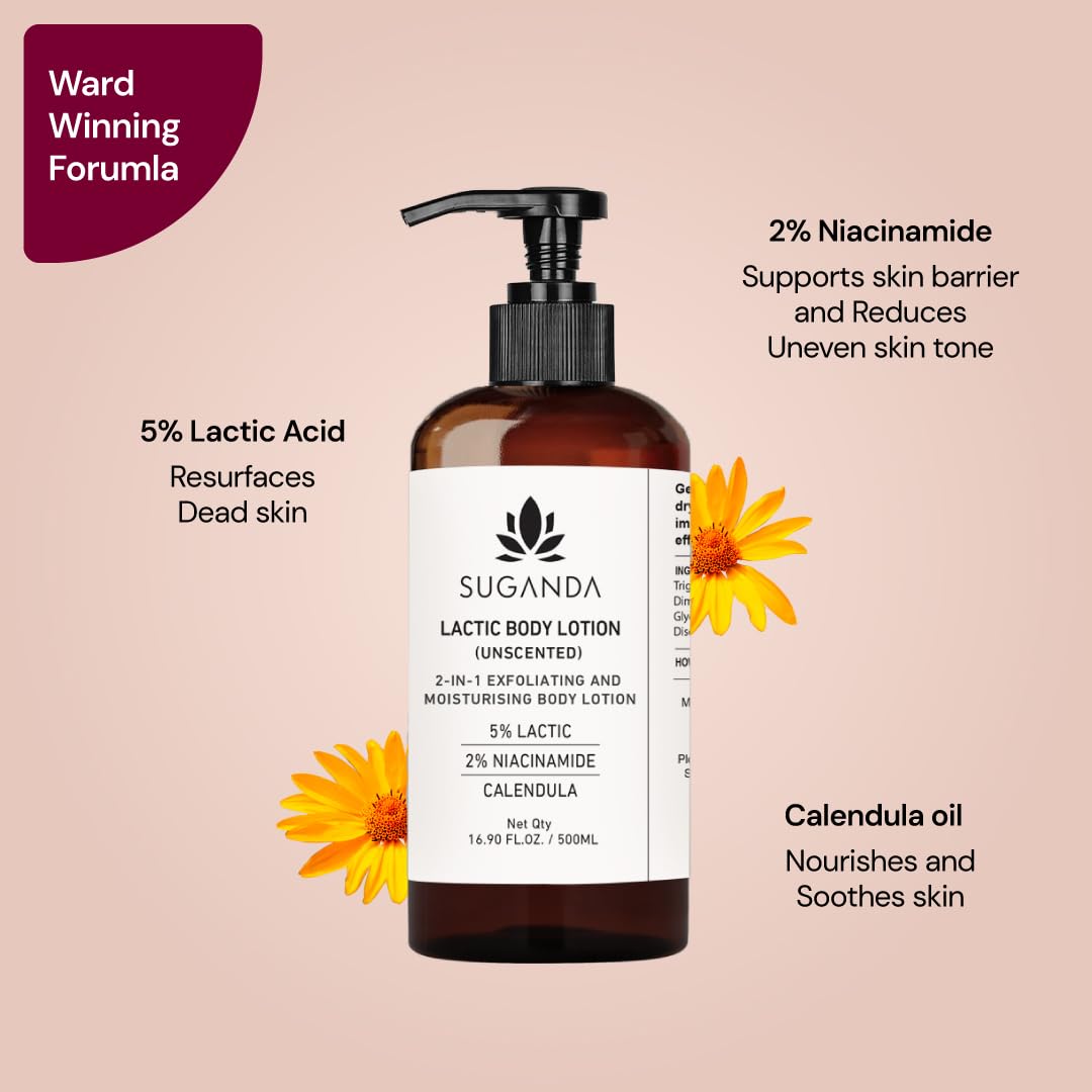 SUGANDA SKINCARE 5% Lactic acid UNSCENTED EXFOLIATING Body Lotion|Moisturizer with NIACINAMIDE, SHEA BUTTER & CALENDULA|For STRAWBERRY SKIN improving SKIN-TEXTURE & BRIGHTENING (500ml)|Cruelty-free 2