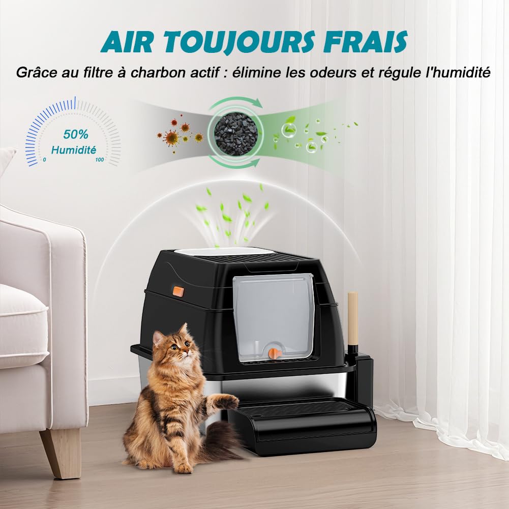Bac Litiere pour Chat XL, Litière en Acier Inoxydable avec Couvercle, Bac Litiere pour Chat, Cat Litter Box, Pelle+Tapis+Marchepied- 60x40x39,5 cm (Noir)