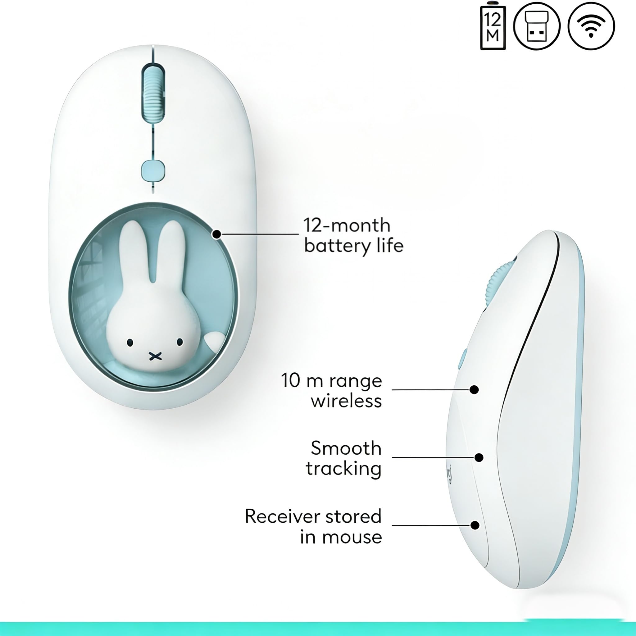 MiPow x Miffy Ratón inalámbrico Bluetooth, pequeño ratón portátil, adecuado para portátiles, tabletas, etc., seguimiento sin problemas, compatible con PC y Mac, Windows y macOS, azul