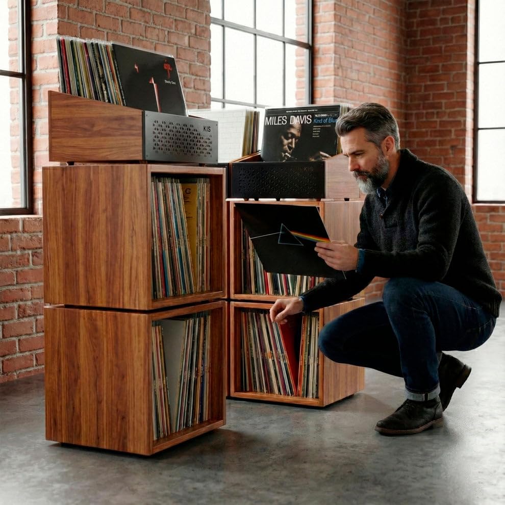 Set modulare per dischi in vinile | 2 scatole + 1 battuta +150 LP | Mobile in legno massello e acciaio al carbonio | Organizzatore ed espositore in vinile